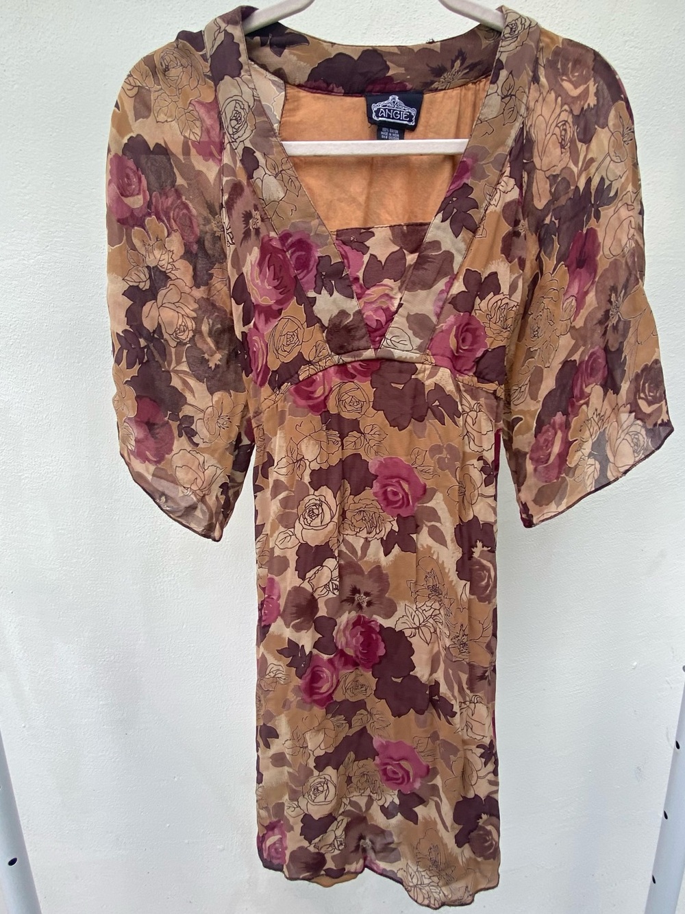 Y2K Boho Brown & Burgundy Floral Tie Back Babydoll Mini Dress Size Medium